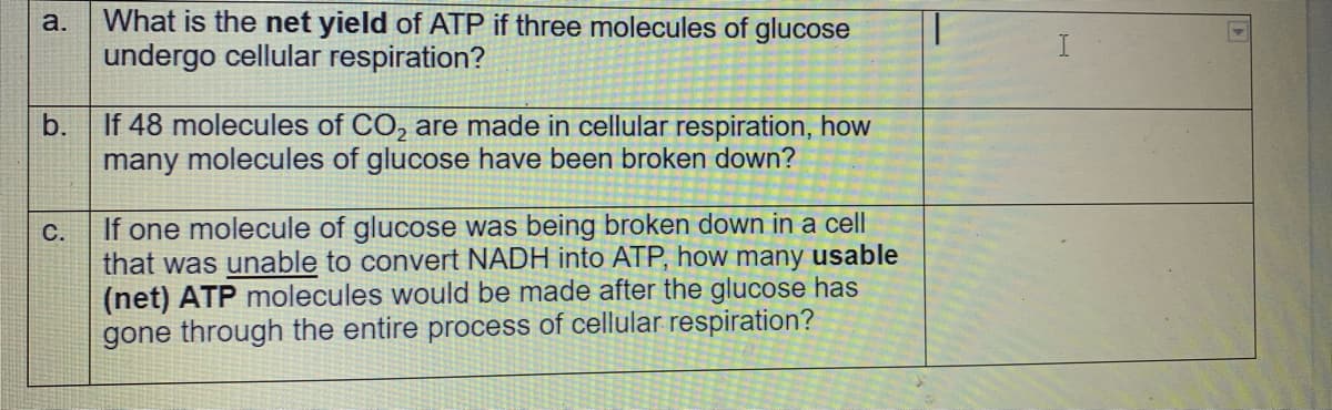 What is the net yield of ATP if three molecules of glucose
undergo cellular respiration?
a.
If 48 molecules of CO, are made in cellular respiration, how
many molecules of glucose have been broken down?
b.
If one molecule of glucose was being broken down in a cell
that was unable to convert NADH into ATP, how many usable
(net) ATP molecules would be made after the glucose has
gone through the entire process of cellular respiration?
C.
