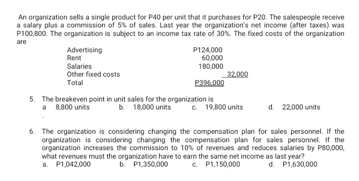 An organization sells a single product for P40 per unit that it purchases for P20. The salespeople receive
a salary plus a commission of 5% of sales. Last year the organization's net income (after taxes) was
P100,800. The organization is subject to an income tax rate of 30%. The fixed costs of the organization
are
Advertising
Rent
P124,000
60,000
180,000
Salaries
Other fixed costs
32,000
Total
P396,000
5. The breakeven point in unit sales for the organization is
a 8,800 units
c. 19,800 units
b. 18,000 units
d. 22,000 units
6. The organization is considering changing the compensation plan for sales personnel. If the
organization is considering changing the compensation plan for sales personnel. If the
organization increases the commission to 10% of revenues and reduces salaries by P80,000,
what revenues must the organization have to earn the same net income as last year?
a. P1,042,000
b. P1,350,000
c. P1,150,000
d. P1,630,000
