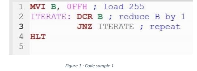 1 MVI B, OFFH ; load 255
2 ITERATE: DCR B ; reduce B by 1
3
JNZ ITERATE ; repeat
4 HLT
Figure 1: Code sample 1
