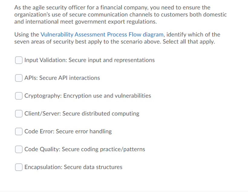 As the agile security officer for a financial company, you need to ensure the
organization's use of secure communication channels to customers both domestic
and international meet government export regulations.
Using the Vulnerability Assessment Process Flow diagram, identify which of the
seven areas of security best apply to the scenario above. Select all that apply.
Input Validation: Secure input and representations
| APIS: Secure API interactions
Cryptography: Encryption use and vulnerabilities
Client/Server: Secure distributed computing
| Code Error: Secure error handling
Code Quality: Secure coding practice/patterns
Encapsulation: Secure data structures
