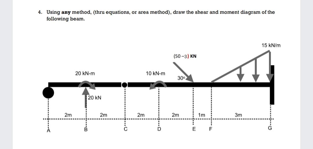 4. Using any method, (thru equations, or area method), draw the shear and moment diagram of the
following beam.
15 kN/m
(50 -3) KN
20 kN-m
10 kN-m
30°
20 kN
2m
2m
2m
2m
1m
3m
E
