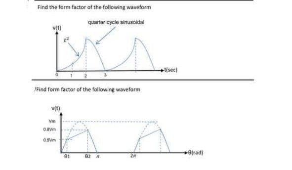 Find the form factor of the following waveform
quarter cycle sinusoidal
v(t)
{sec)
/Find form factor of the following waveform
vt)
Vm
0.8Vm
0.SVm
+O(rad)
01
