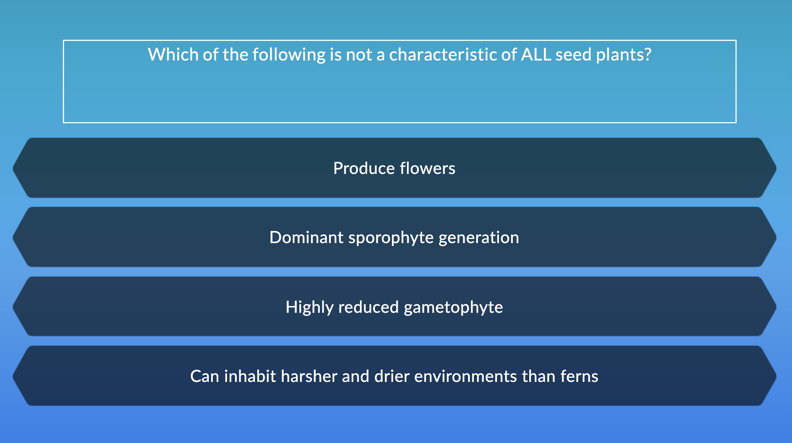 Which of the following is not a characteristic of ALL seed plants?
Produce flowers
Dominant sporophyte generation
Highly reduced gametophyte
Can inhabit harsher and drier environments than ferns
