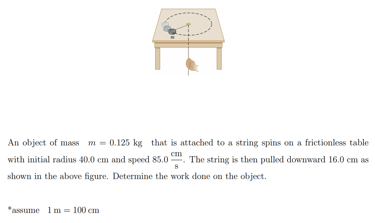 m
An object of mass
т —
0.125 kg that is attached to a string spins on a frictionless table
cm
with initial radius 40.0 cm and speed 85.0
The string is then pulled downward 16.0 cm as
S
shown in the above figure. Determine the work done on the object.
*
assume
1 m =
100 cm
