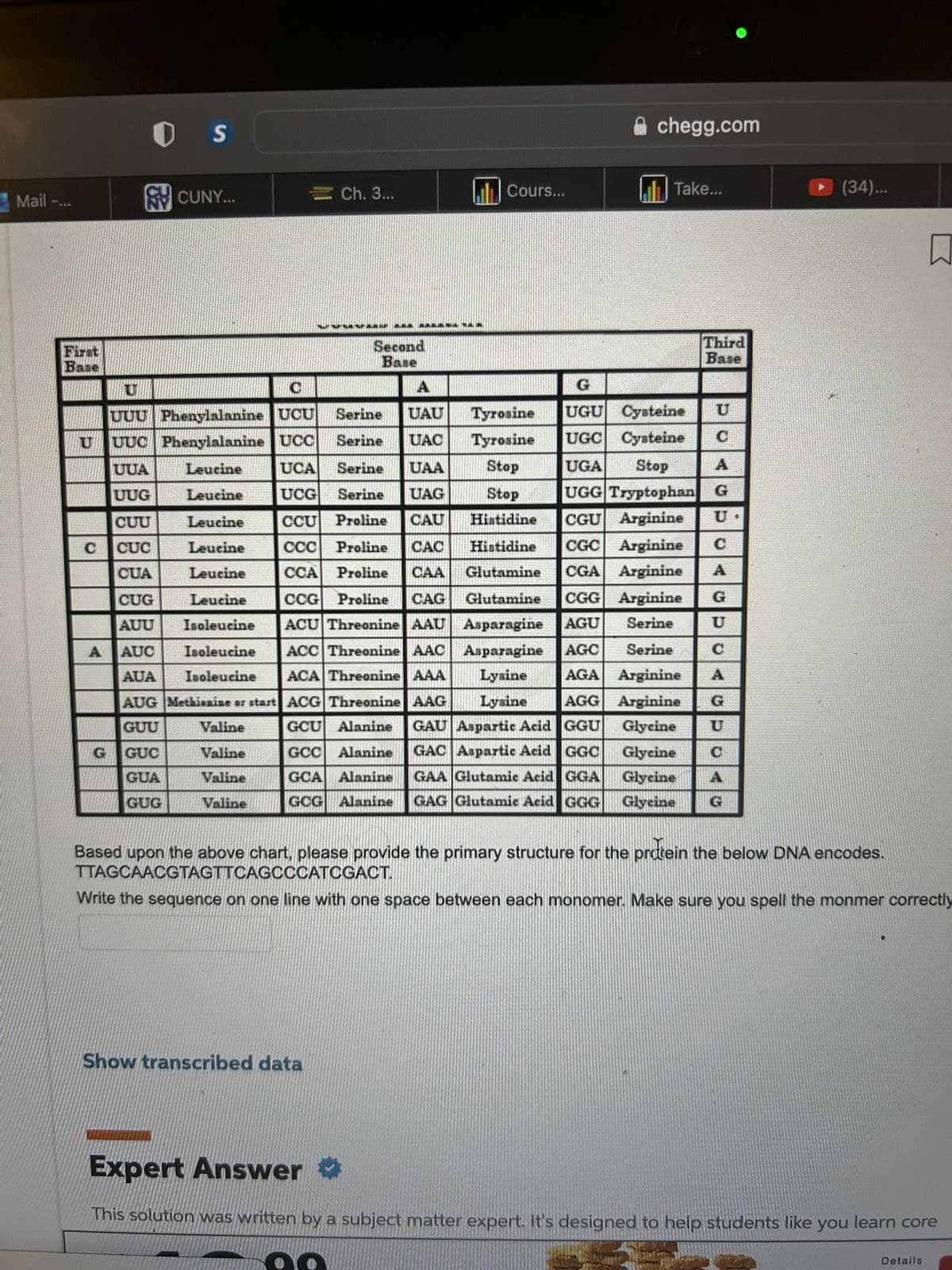 Mail
First
Base
U
C
A
G
S
CUNY...
Valine
Valine
Valine
Valine
ĐT BÀ
Ch. 3...
Second
Base
U
UUU Phenylalanine UCU Serine
UUC Phenylalanine UCC Serine
UUA Leucine
UUG Leucine
Leucine
CUU
CUC Leucine
CUA Leucine
CUG Leucine
AUU Isoleucine
AUC
Isoleucine
AUA Isoleucine
AUG Methionine er start
GUU
GUC
GUA
GUG
Show transcribed data
Cours...
chegg.com
Take...
A
G
Tyrosine UGU Cysteine U
UGC Cysteine
A
UGA Stop
UGG Tryptophan G
CGU Arginine U
UAU
UAC
Tyrosine
UCA Serine UAA Stop
UCG Serine UAG
Stop
CCU Proline CAU Histidine
CCC Proline CAC Histidine CGC Arginine C
CCA Proline CAA Glutamine CGA Arginine A
CCG Proline CAG Glutamine CGG Arginine G
ACU Threonine AAU Asparagine AGU Serine U
ACC Threonine AAC Asparagine AGC Serine C
ACA Threonine AAA Lysine AGA Arginine A
ACG| Threonine AAG Lysine AGG Arginine G
GCU Alanine GAU Aspartic Acid GGU Glycine U
GCC Alanine GAC Aspartic Acid GGC Glycine C
GCA Alanine GAA Glutamic Acid GGA Glycine A
GOG Alanine GAG Glutamic Acid GGG Glycine G
11
Third
Base
(34)...
Based upon the above chart, please provide the primary structure for the protein the below DNA encodes.
TTAGCAACGTAGTTCAGCCCATOGACT.
Write the sequence on one line with one space between each monomer. Make sure you spell the monmer correctly
□
Expert Answer
This solution was written by a subject matter expert. It's designed to help students like you learn core
Details
