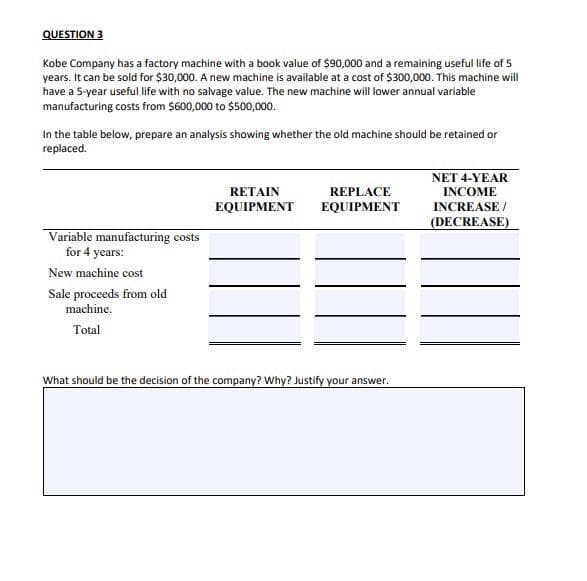 QUESTION 3
Kobe Company has a factory machine with a book value of $90,000 and a remaining useful life of 5
years. It can be sold for $30,000. A new machine is available at a cost of $300,000. This machine will
have a 5-year useful life with no salvage value. The new machine will lower annual variable
manufacturing costs from $600,000 to $500,000.
In the table below, prepare an analysis showing whether the old machine should be retained or
replaced.
NET 4-YEAR
RETAIN
REPLACE
INCOME
EQUIPMENT
EQUIPMENT
INCREASE /
(DECREASE)
Variable manufacturing costs
for 4 years:
New machine cost
Sale proceeds from old
machine.
Total
What should be the decision of the company? Why? Justify your answer.
