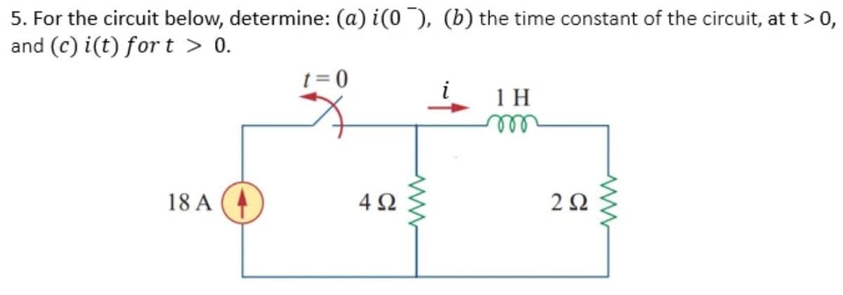 5. For the circuit below, determine: (a) i(0 ), (b) the time constant of the circuit, at t >0,
and (c) i(t) for t > 0.
t = 0
i
1 H
ell
18 A (4
4 2
