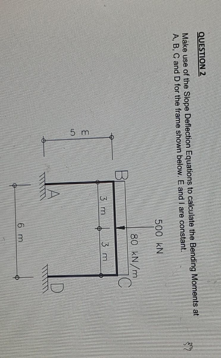 5 m
QUESTION 2
Make use of the Slope Deflection Equations to calculate the Bending Moments at
A, B, C and D for the frame shown below. E and I are constant.
500 kN
80 kN/m
3 m
3 m
6 m
