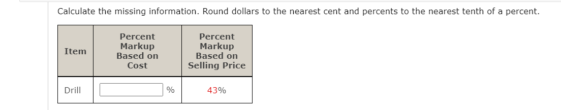 Calculate the missing information. Round dollars to the nearest cent and percents to the nearest tenth of a percent.
Percent
Percent
Markup
Based on
Markup
Based on
Selling Price
Item
Cost
Drill
%
43%
