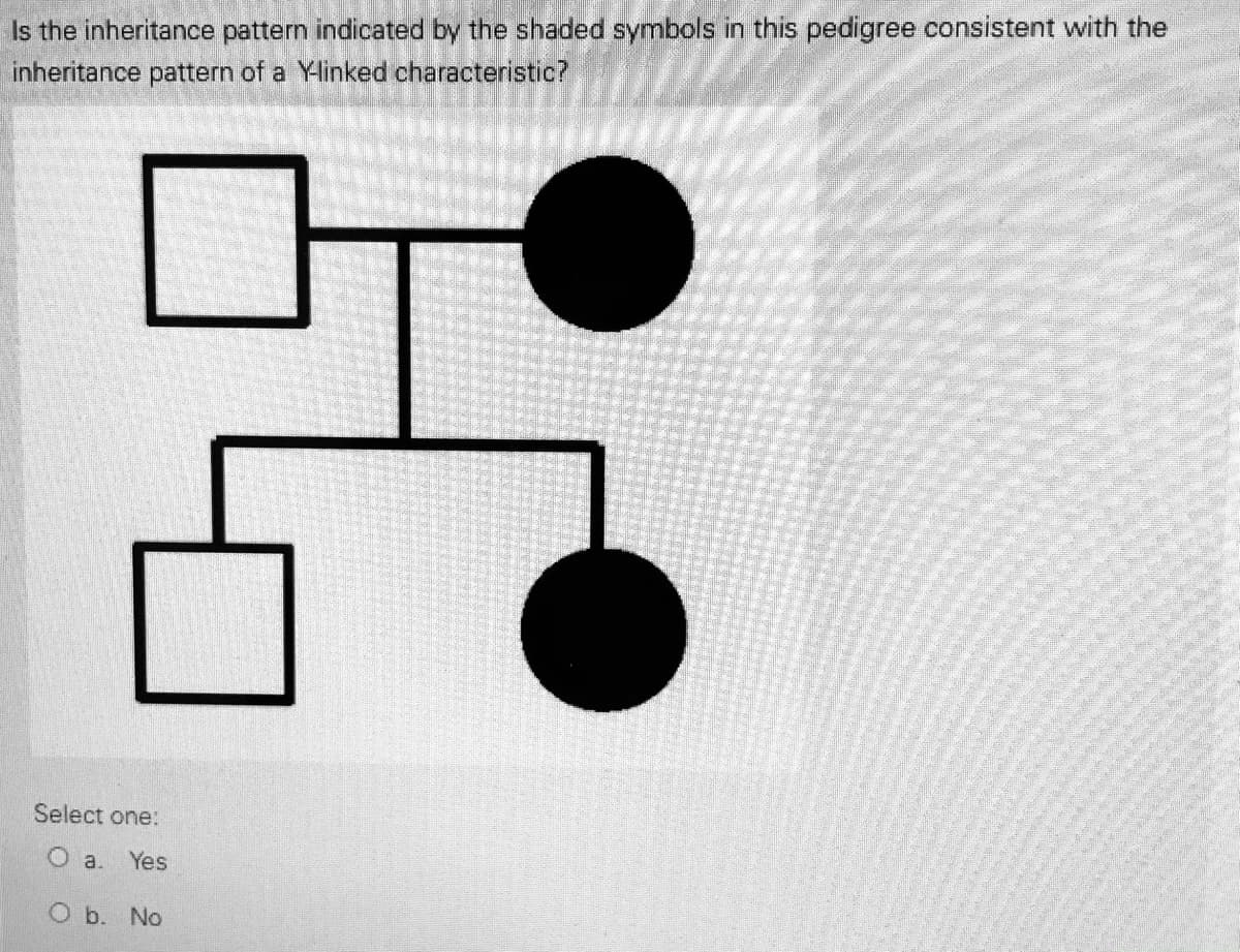 Is the inheritance pattern indicated by the shaded symbols in this pedigree consistent with the
inheritance pattern of a Ylinked characteristic?
Select one:
a.
Yes
O b. No
