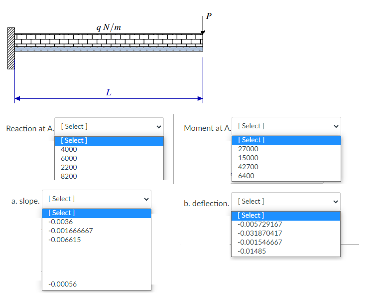 Reaction at A. [Select]
[Select]
4000
6000
2200
8200
a. slope. [Select]
[Select]
-0.0036
-0.001666667
-0.006615
-0.00056
q N/m
L
<
P
Moment at A. [Select]
[Select]
27000
15000
42700
6400
b. deflection. [Select]
[Select]
-0.005729167
-0.031870417
-0.001546667
-0.01485