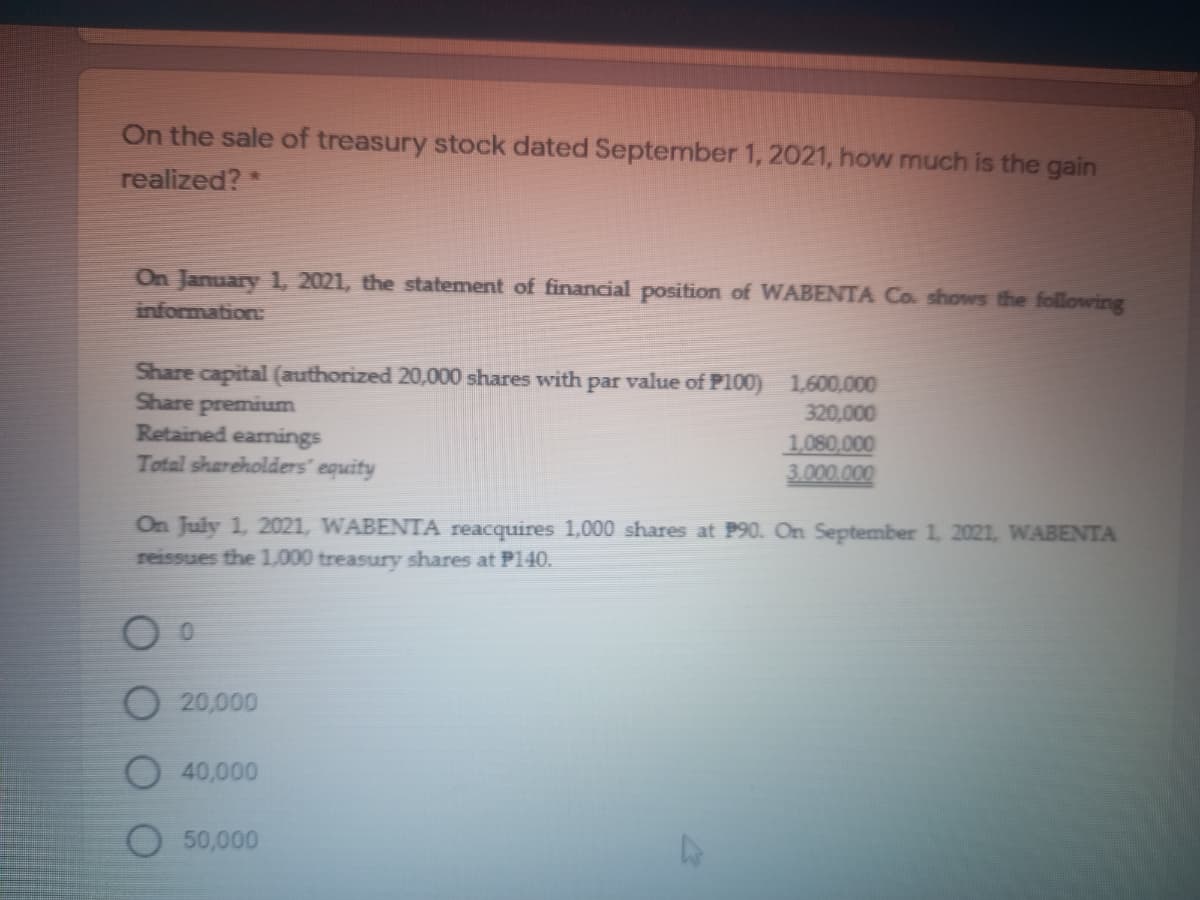 On the sale of treasury stock dated September 1, 2021, how much is the gain
realized? *
On January 1, 2021, the statement of financial position of WABENTA Co. shows the following
information
Share capital (authorized 20,000 shares with par value of P100) 1,600,000
Share premium
Retained earnings
Total shareholders' equity
320,000
1,080,000
3.000.000
On July 1, 2021, WABENTA reacquires 1,000 shares at P90. On September 1. 2021, WABENTA
reissues the 1,000 treasury shares at P140.
O 20,000
40,000
O 50,000
