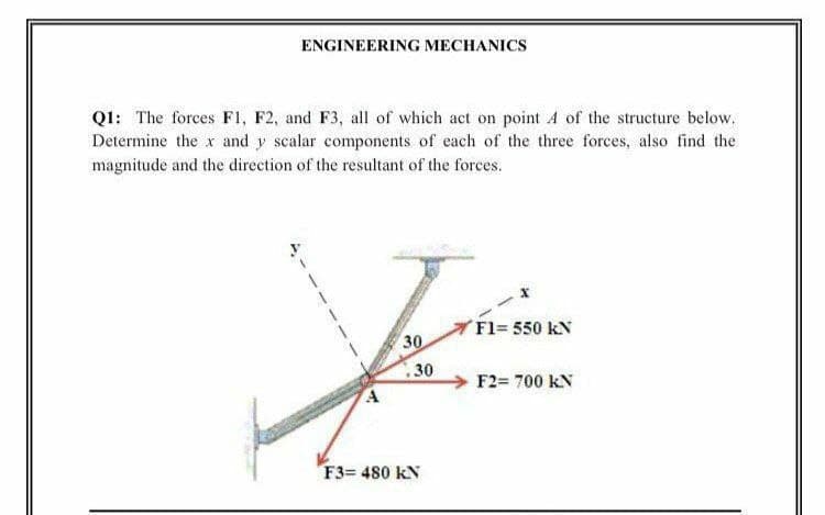 ENGINEERING MECHANICS
QI: The forces F1, F2, and F3, all of which act on point A of the structure below.
Determine the x and y scalar components of each of the three forces, also find the
magnitude and the direction of the resultant of the forces.
Fl= 550 kN
30
30
F2= 700 kN
F3= 480 kN
