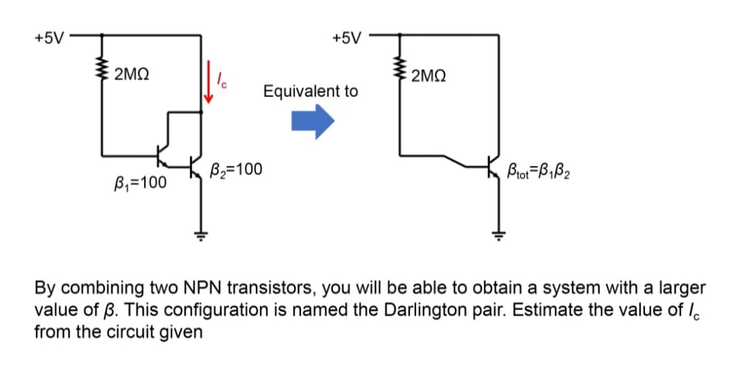 +5V
+5V
2MQ
2MQ
Equivalent to
B2=100
Brot=B,B2
B,=100
By combining two NPN transistors, you will be able to obtain a system with a larger
value of ß. This configuration is named the Darlington pair. Estimate the value of lo
from the circuit given
