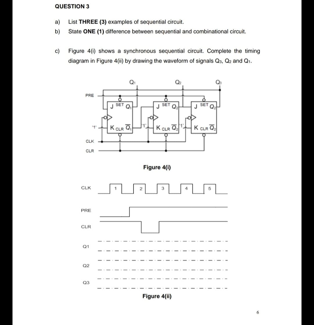 QUESTION 3
a)
List THREE (3) examples of sequential circuit.
b)
State ONE (1) difference between sequential and combinational circuit.
c)
Figure 4(i) shows a synchronous sequential circuit. Complete the timing
diagram in Figure 4(ii) by drawing the waveform of signals Q3, Q2 and Q1.
Q1
Q2
PRE
J
SET
Q
J
SET
Q:
J
SET
Q:
K CLR
1'
K CLR Q2
K CLR Q,
CLK
CLR
Figure 4(i)
CLK
3
4
PRE
CLR
Q1
Q2
Q3
Figure 4(ii)
6.
