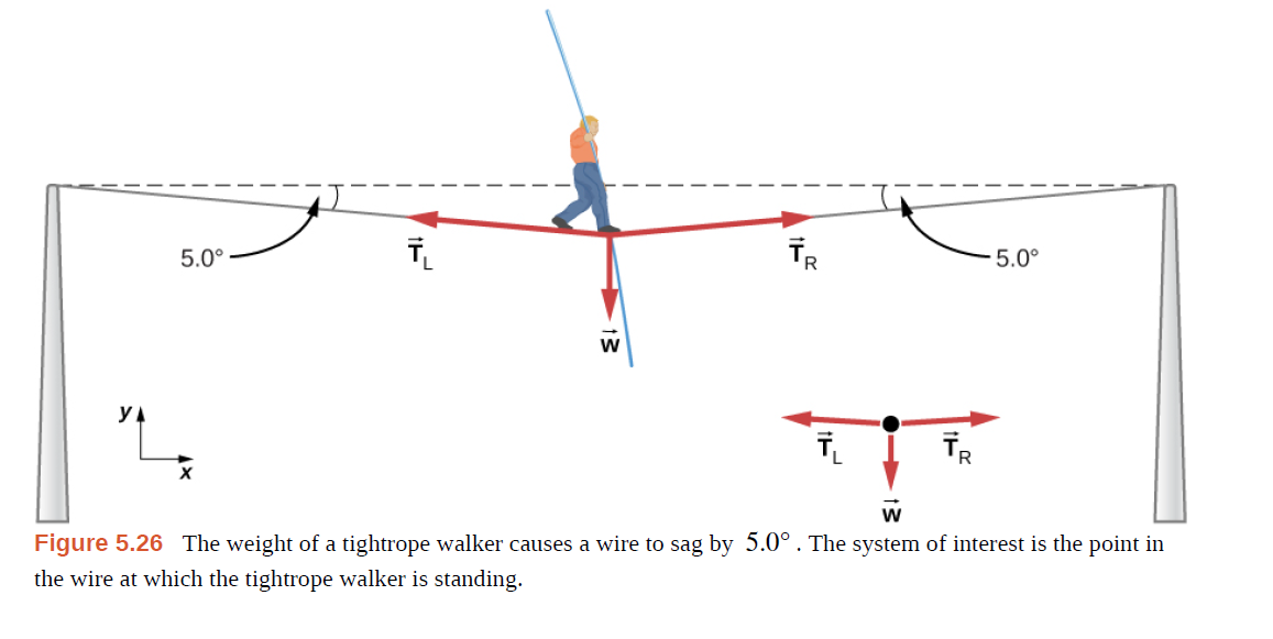 5.0°
TR
5.0°
YA
TR
w
Figure 5.26 The weight of a tightrope walker causes a wire to sag by 5.0°. The system of interest is the point in
the wire at which the tightrope walker is standing.
