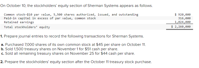 On October 10, the stockholders' equity section of Sherman Systems appears as follows.
Common stock-$10 par value, 5,500 shares authorized, issued, and outstanding
Paid-in capital in excess of par value, common stock
Retained earnings
Total stockholders' equity
1. Prepare journal entries to record the following transactions for Sherman Systems.
a. Purchased 7,000 shares of its own common stock at $45 per share on October 11.
b. Sold 1,500 treasury shares on November 1 for $51 cash per share.
c. Sold all remaining treasury shares on November 25 for $44 cash per share.
2. Prepare the stockholders' equity section after the October 11 treasury stock purchase.
$ 920,000
316,000
1,024,000
$ 2,260,000