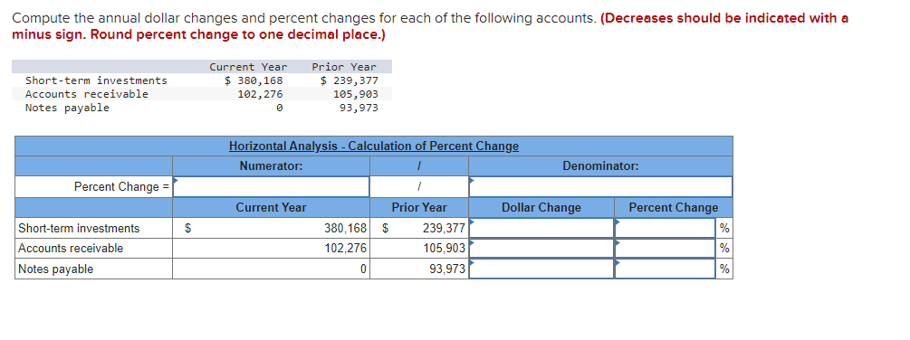 Compute the annual dollar changes and percent changes for each of the following accounts. (Decreases should be indicated with a
minus sign. Round percent change to one decimal place.)
Short-term investments
Accounts receivable
Notes payable
Percent Change =
Short-term investments
Accounts receivable
Notes payable
$
Current Year
$ 380,168
102,276
0
Prior Year
$ 239,377
105,903
93,973
Horizontal Analysis - Calculation of Percent Change
Numerator:
Current Year
380,168 $
102,276
1
Prior Year
239,377
105,903
93,973
Denominator:
Dollar Change
Percent Change
%
%
%