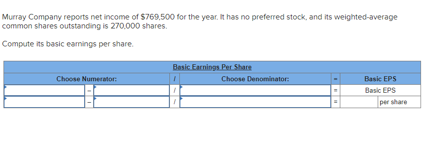 Murray Company reports net income of $769,500 for the year. It has no preferred stock, and its weighted-average
common shares outstanding is 270,000 shares.
Compute its basic earnings per share.
Choose Numerator:
Basic Earnings Per Share
1
Choose Denominator:
||
11
Basic EPS
Basic EPS
per share