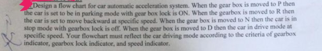 Design a flow chart for car automatic acceleration system. When the gear box is moved to P then
the car is set to be in parking mode with gear box lock is ON. When the gearbox is moved to R then
the car is set to move backward at specific speed. When the gear box is moved to N then the car is in
stop mode with gearbox lock is off. When the gear box is moved to D then the car in drive mode at
specific speed. Your flowchart must reflect the car driving mode according to the criteria of gearbox
indicator, gearbox lock indicator, and speed indicator.
X