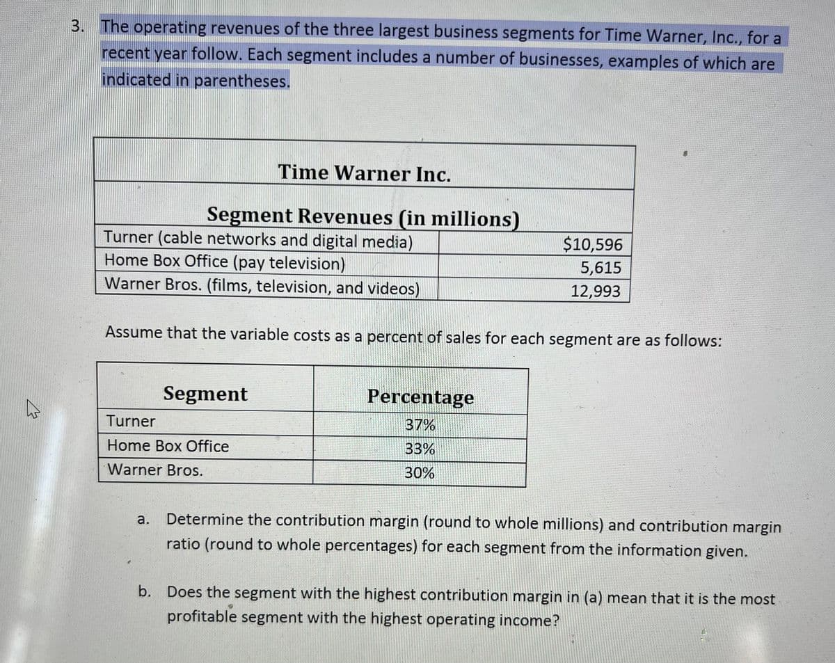 h
3. The operating revenues of the three largest business segments for Time Warner, Inc., for a
recent year follow. Each segment includes a number of businesses, examples of which are
indicated in parentheses.
Segment Revenues (in millions)
Time Warner Inc.
Turner (cable networks and digital media)
Home Box Office (pay television)
Warner Bros. (films, television, and videos)
Segment
Assume that the variable costs as a percent of sales for each segment are as follows:
Turner
Home Box Office
Warner Bros.
$10,596
5,615
12,993
Percentage
37%
33%
30%
a. Determine the contribution margin (round to whole millions) and contribution margin
ratio (round to whole percentages) for each segment from the information given.
b. Does the segment with the highest contribution margin in (a) mean that it is the most
profitable segment with the highest operating income?