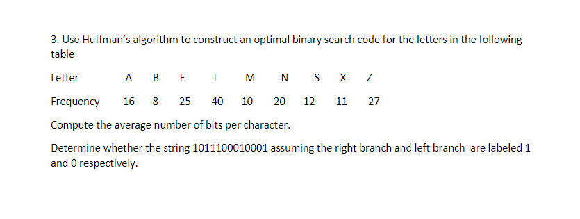 3. Use Huffman's algorithm to construct an optimal binary search code for the letters in the following
table
Letter
A BE
M
NSX Z
Frequency
16
8 25
40
10
20
12
11
27
Compute the average number of bits per character.
Determine whether the string 1011100010001 assuming the right branch and left branch are labeled 1
and O respectively.