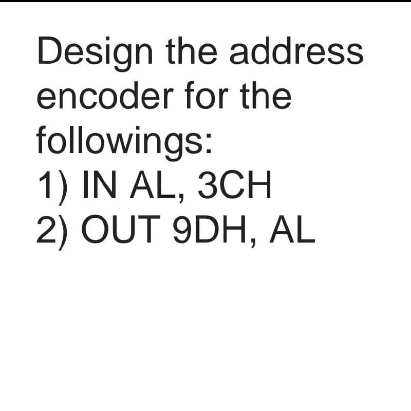 Design the address
encoder for the
followings:
1) IN AL, 3CH
2) OUT 9DH, AL
