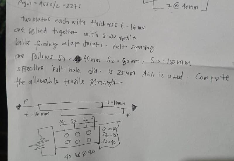 Agui - 4550/2 =2276
two plates each with thickness t - 16 mm
are bolted together with 6-222 mndia.
bolts
firming
alap Joint Bolt spacing
are follows St-
$40mm S2 - 80mm, S3=150mm
effective bolt hole dia. is 25mm A36 is used. Compute
the allowable tensile Strength
P
t = 16 mm
&t
52
747₁
0
O
O
40 60 80 40
+=16mm
S-400
$3-100
S2-40
7 @ 4umm
P