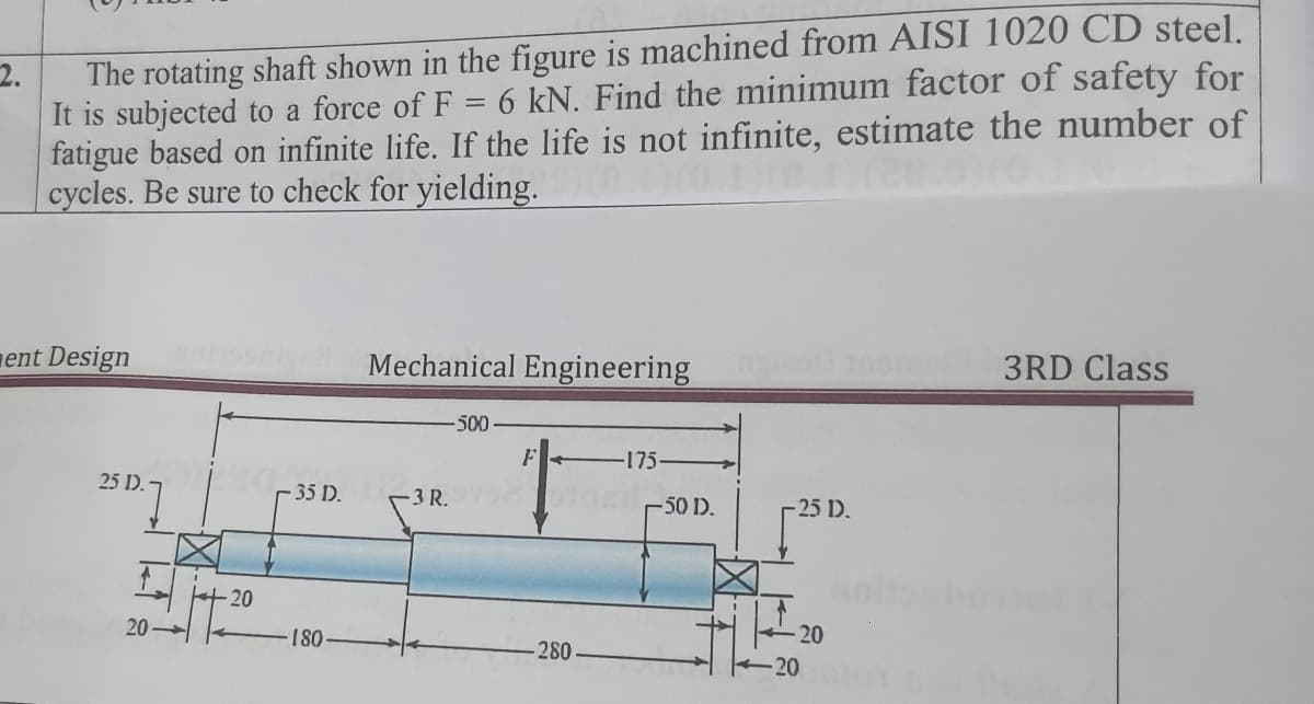 2.
The rotating shaft shown in the figure is machined from AISI 1020 CD steel.
It is subjected to a force of F = 6 kN. Find the minimum factor of safety for
fatigue based on infinite life. If the life is not infinite, estimate the number of
cycles. Be sure to check for yielding.
ent Design
25 D.
20
+20
35 D.
-180-
Mechanical Engineering 12200 10sm 3RD Class
-3 R.
-500
F
-280
-175-
-50 D.
25 D.
20
20