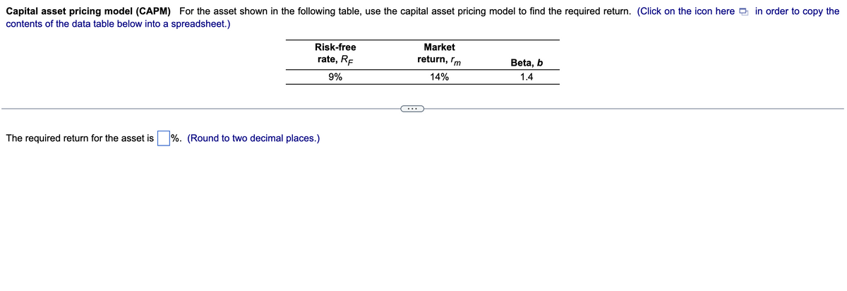 Capital asset pricing model (CAPM) For the asset shown in the following table, use the capital asset pricing model to find the required return. (Click on the icon here in order to copy the
contents of the data table below into a spreadsheet.)
Risk-free
rate, RF
9%
The required return for the asset is %. (Round to two decimal places.)
Market
return, m
14%
Beta, b
1.4
