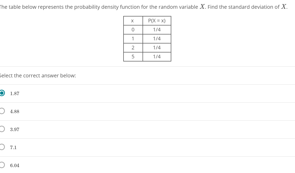 The table below represents the probability density function for the random variable X. Find the standard deviation of X.
P(X = x)
1/4
1
1/4
1/4
1/4
Select the correct answer below:
1.87
4.88
3.97
7.1
6.04
