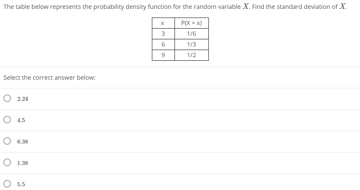 The table below represents the probability density function for the random variable X. Find the standard deviation of X.
P(X = x)
1/6
1/3
9.
1/2
Select the correct answer below:
O 2.24
О 4.5
6.38
O 1.38
