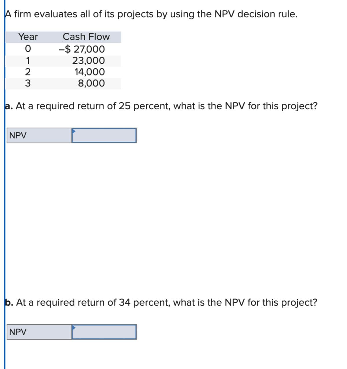 A firm evaluates all of its projects by using the NPV decision rule.
Year
Cash Flow
0
-$ 27,000
1
23,000
14,000
8,000
a. At a required return of 25 percent, what is the NPV for this project?
2
WN
3
NPV
b. At a required return of 34 percent, what is the NPV for this project?
NPV