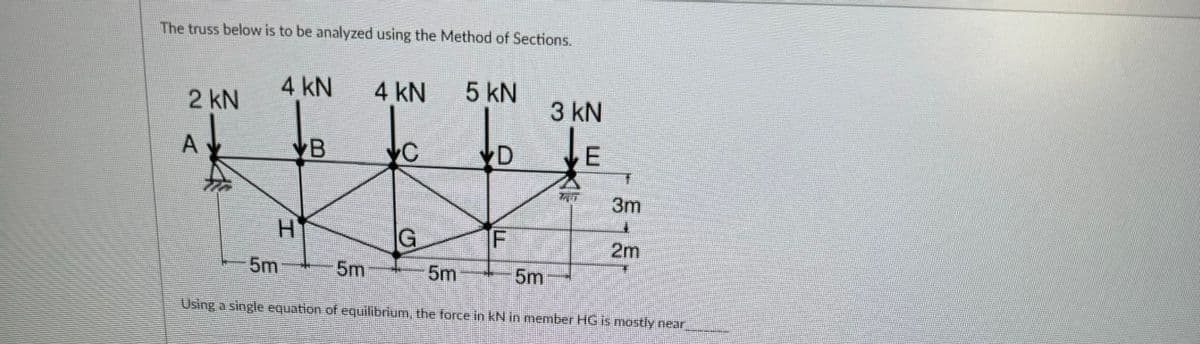 The truss below is to be analyzed using the Method of Sections.
4 KN
4 kN 5 kN
FFFFF
B
2 kN
A
H
5m
5m
G
5m
F
Using a single equation of equilibrium, the force in kN
5m
3 kN
3m
4
2m
member HG is mostly near