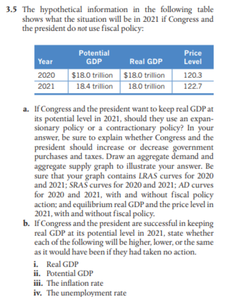 3.5 The hypothetical information in the following table
shows what the situation will be in 2021 if Congress and
the president do not use fiscal policy:
Year
2020
2021
Potential
GDP
$18.0 trillion
18.4 trillion
Real GDP
$18.0 trillion
18.0 trillion
Price
Level
120.3
122.7
a. If Congress and the president want to keep real GDP at
its potential level in 2021, should they use an expan-
sionary policy or a contractionary policy? In your
answer, be sure to explain whether Congress and the
president should increase or decrease government
purchases and taxes. Draw an aggregate demand and
aggregate supply graph to illustrate your answer. Be
sure that your graph contains LRAS curves for 2020
and 2021; SRAS curves for 2020 and 2021; AD curves
for 2020 and 2021, with and without fiscal policy
action; and equilibrium real GDP and the price level in
2021, with and without fiscal policy.
i. Real GDP
ii. Potential GDP
iii. The inflation rate
iv. The unemployment rate
b. If Congress and the president are successful in keeping
real GDP at its potential level in 2021, state whether
each of the following will be higher, lower, or the same
as it would have been if they had taken no action.