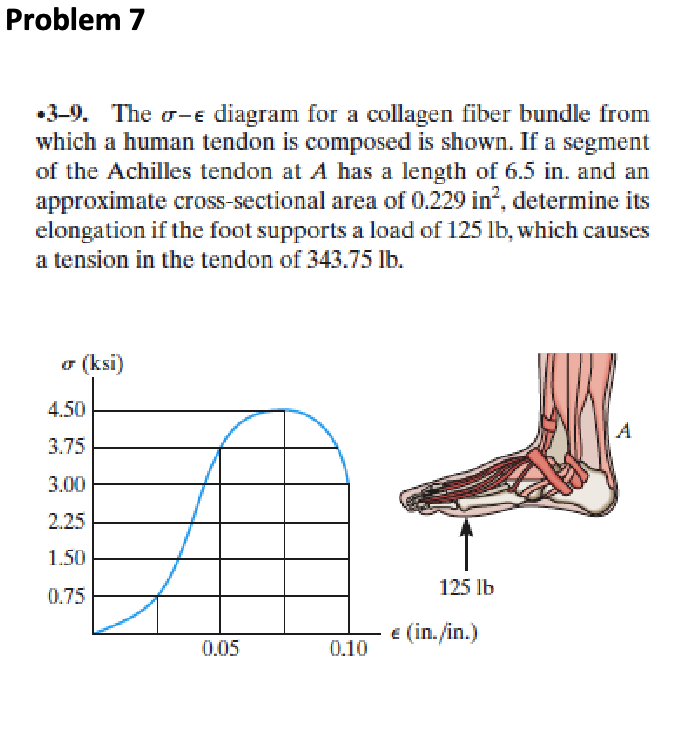 Problem 7
*3-9. The σ-e diagram for a collagen fiber bundle from
which a human tendon is composed is shown. If a segment
of the Achilles tendon at A has a length of 6.5 in. and an
approximate cross-sectional area of 0.229 in², determine its
elongation if the foot supports a load of 125 lb, which causes
a tension in the tendon of 343.75 lb.
σ (ksi)
4.50
3.75
3.00
2.25
1.50
0.75
0.05
0.10
125 lb
€ (in./in.)
A