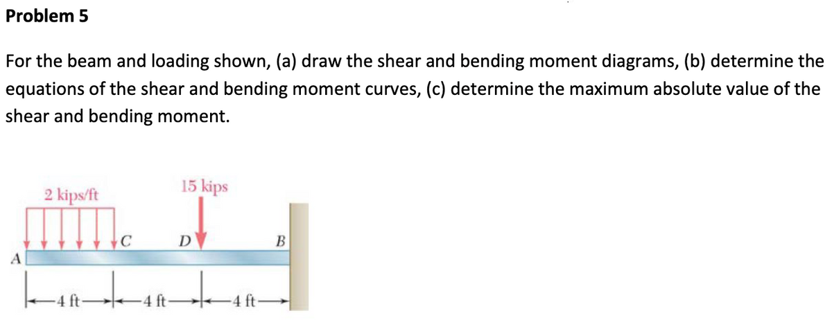 Problem 5
For the beam and loading shown, (a) draw the shear and bending moment diagrams, (b) determine the
equations of the shear and bending moment curves, (c) determine the maximum absolute value of the
shear and bending moment.
A
2 kips/ft
|--4ft-
-4 ft-
15 kips
D
-4 ft-
B
