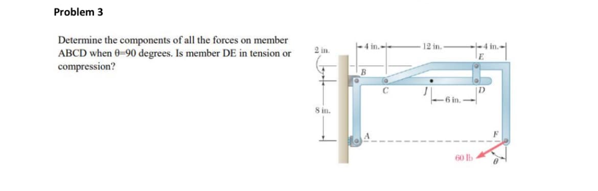 Problem 3
Determine the components of all the forces on member
ABCD when 0-90 degrees. Is member DE in tension or
compression?
2 in.
8 in.
4 in.--
B
12 in.
J
-6 in.-
60 lb
4 in.-
E
D
F