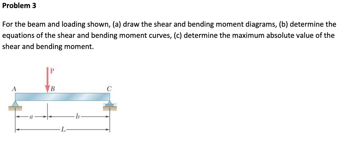 Problem 3
For the beam and loading shown, (a) draw the shear and bending moment diagrams, (b) determine the
equations of the shear and bending moment curves, (c) determine the maximum absolute value of the
shear and bending moment.
A
P
B