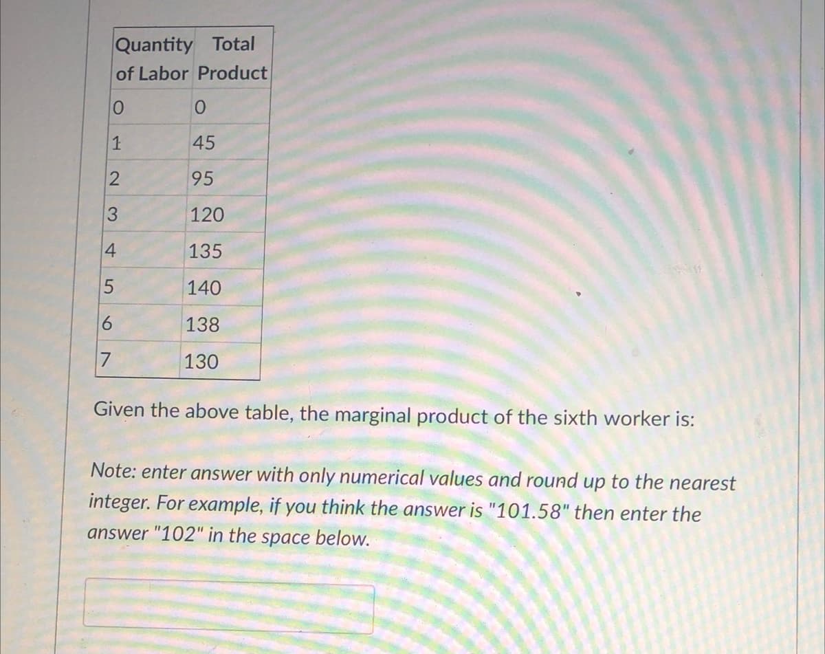 Quantity Total
of Labor Product
45
95
120
4
135
140
91
138
130
Given the above table, the marginal product of the sixth worker is:
Note: enter answer with only numerical values and round up to the nearest
integer. For example, if you think the answer is "101.58" then enter the
answer "102" in the space below.
3.
