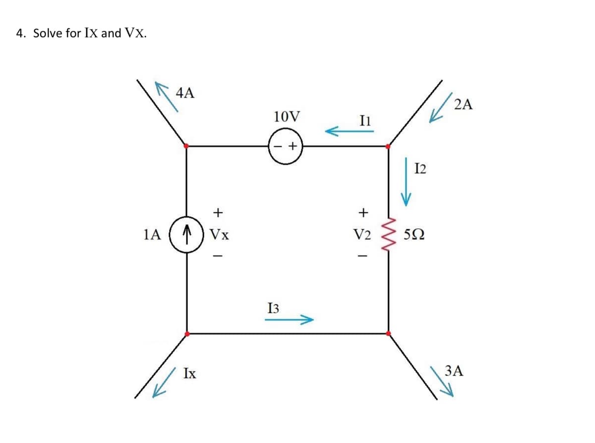 4. Solve for IX and VX.
4A
+
1A (1) VX
Ix
10V
13
+
I1
+
V2
ww
I2
592
2A
3A