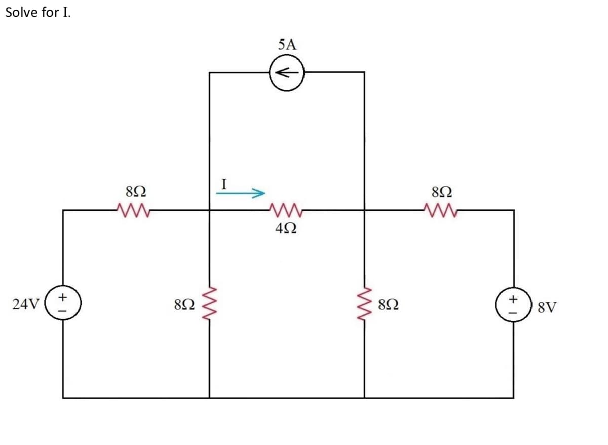 Solve for I.
24V
+
8Ω
www
8Ω
www
5Α
4Ω
Μ
8Ω
Μ
8Ω
8V