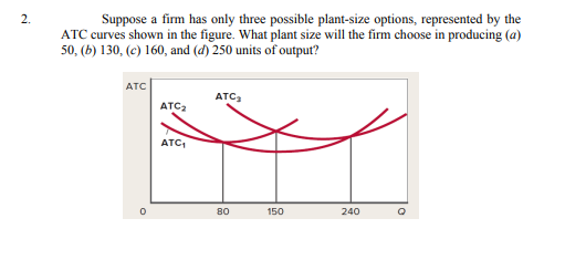 Suppose a firm has only three possible plant-size options, represented by the
ATC curves shown in the figure. What plant size will the firm choose in producing (a)
50, (b) 130, (c) 160, and (d) 250 units of output?
2.
ATC
ATC,
ATC2
ATC,
80
150
240
