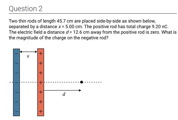 Question 2
Two thin rods of length 45.7 cm are placed side-by-side as shown below,
separated by a distance x = 5.00 cm. The positive rod has total charge 9.20 nC.
The electric field a distance d = 12.6 cm away from the positive rod is zero. What is
the magnitude of the charge on the negative rod?
1
X
+ +
+
+
+
+
+
d