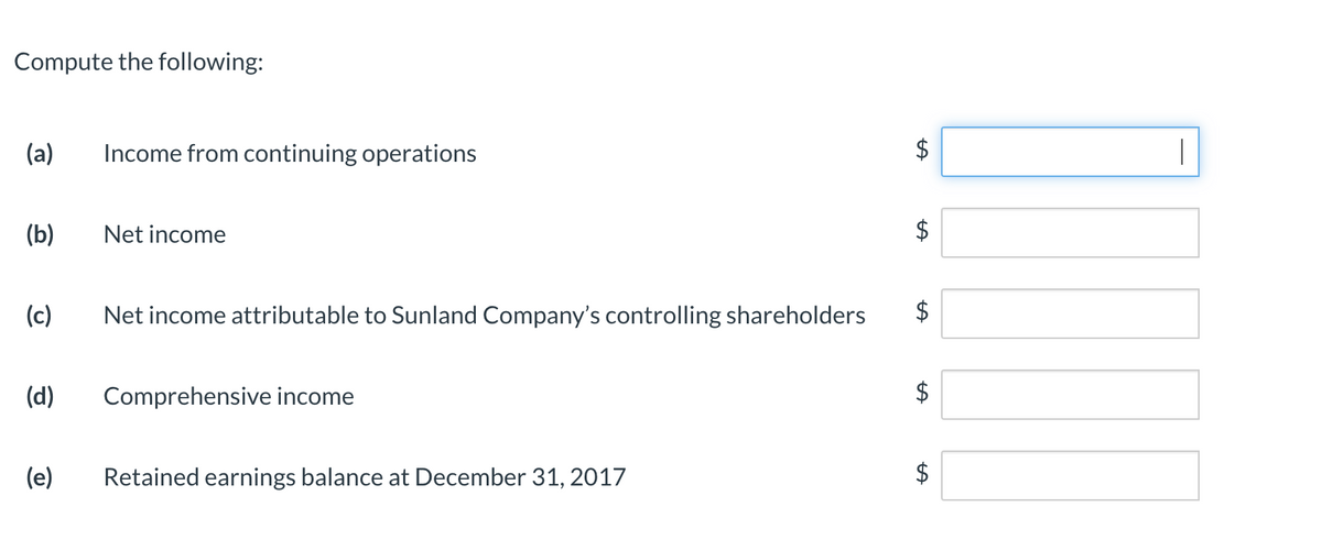 Compute the following:
(a)
Income from continuing operations
(b)
Net income
$
(c)
Net income attributable to Sunland Company's controlling shareholders
$
(d)
Comprehensive income
(e)
Retained earnings balance at December 31, 2017
%24
%24
%24
%24
%24
