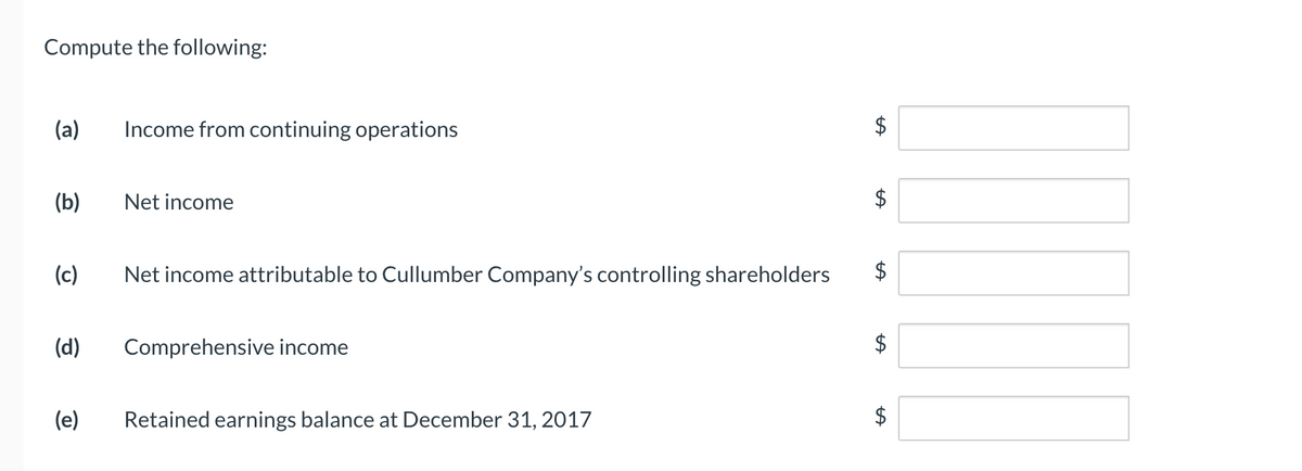Compute the following:
(a)
Income from continuing operations
(b)
Net income
(c)
Net income attributable to Cullumber Company's controlling shareholders
(d)
Comprehensive income
(e)
Retained earnings balance at December 31, 2017
$
%24
%24
%24
%24
%24
