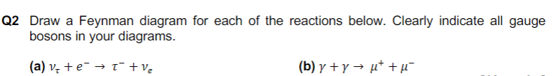 Q2 Draw a Feynman diagram for each of the reactions below. Clearly indicate all gauge
bosons in your diagrams.
(a) ve¯¯¯ + V₂
(b) y + y → µ³±µ˜¯