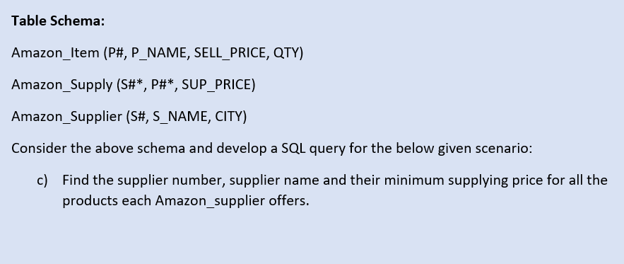 Table Schema:
Amazon_Item (P#, P_NAME, SELL_PRICE, QTY)
Amazon_Supply (S#*, P#*, SUP_PRICE)
Amazon_Supplier (S#, S_NAME, CITY)
Consider the above schema and develop a SQL query for the below given scenario:
c) Find the supplier number, supplier name and their minimum supplying price for all the
products each Amazon_supplier offers.
