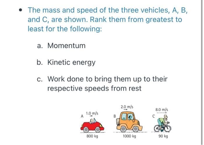 • The mass and speed of the three vehicles, A, B,
and C, are shown. Rank them from greatest to
least for the following:
a. Momentum
b. Kinetic energy
c. Work done to bring them up to their
respective speeds from rest
2.0 m/s
8.0 m/s
1.0 m/s
с
CO
800 kg
90 kg
A
B
1000 kg