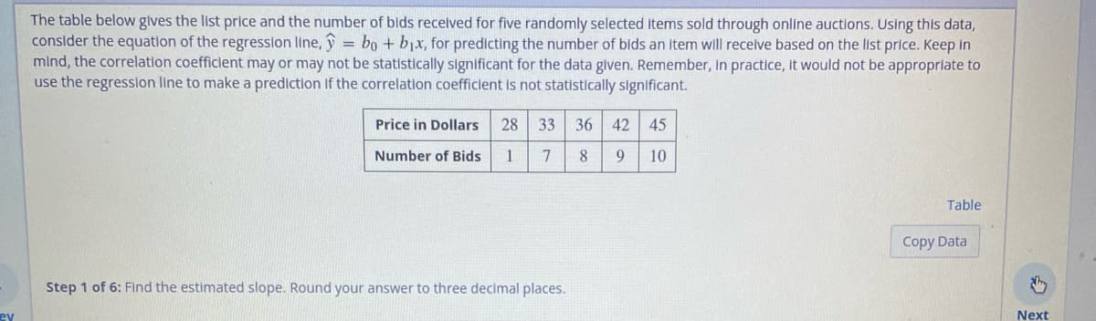 ev
The table below gives the list price and the number of bids received for five randomly selected items sold through online auctions. Using this data,
consider the equation of the regression line, y = bo + b₁x, for predicting the number of bids an item will receive based on the list price. Keep in
mind, the correlation coefficient may or may not be statistically significant for the data given. Remember, in practice, it would not be appropriate to
use the regression line to make a prediction if the correlation coefficient is not statistically significant.
Price in Dollars 28 33 36 42 45
Number of Bids 1 7
8 9 10
Step 1 of 6: Find the estimated slope. Round your answer to three decimal places.
Table
Copy Data
Next
